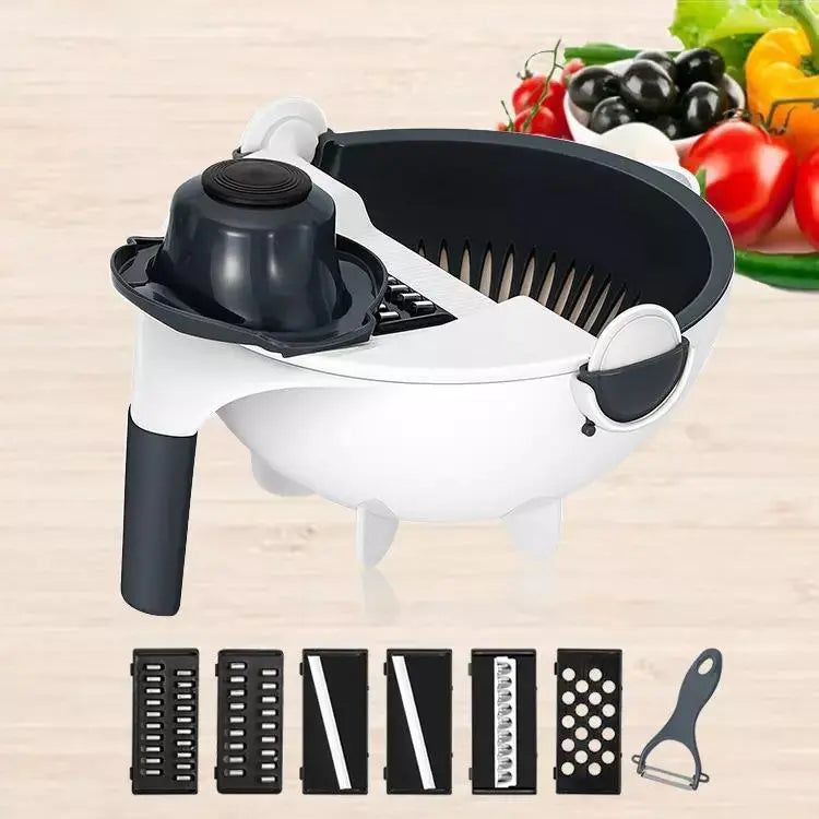 9 in 1 Multi-Function Veg Cutter with Drain Basket Vegetable and Fruit Grater & Slicer (White)