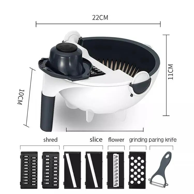 9 in 1 Multi-Function Veg Cutter with Drain Basket Vegetable and Fruit Grater & Slicer (White)