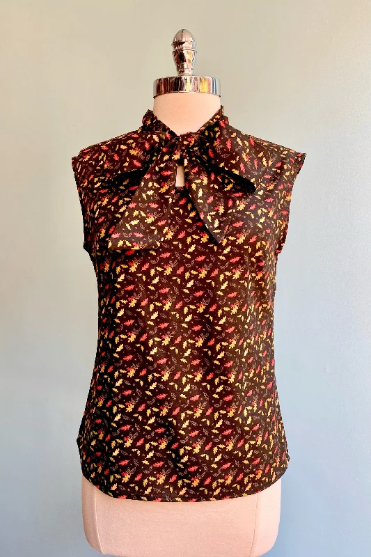 Brown Leaf Print Bow Top by Retrolicious