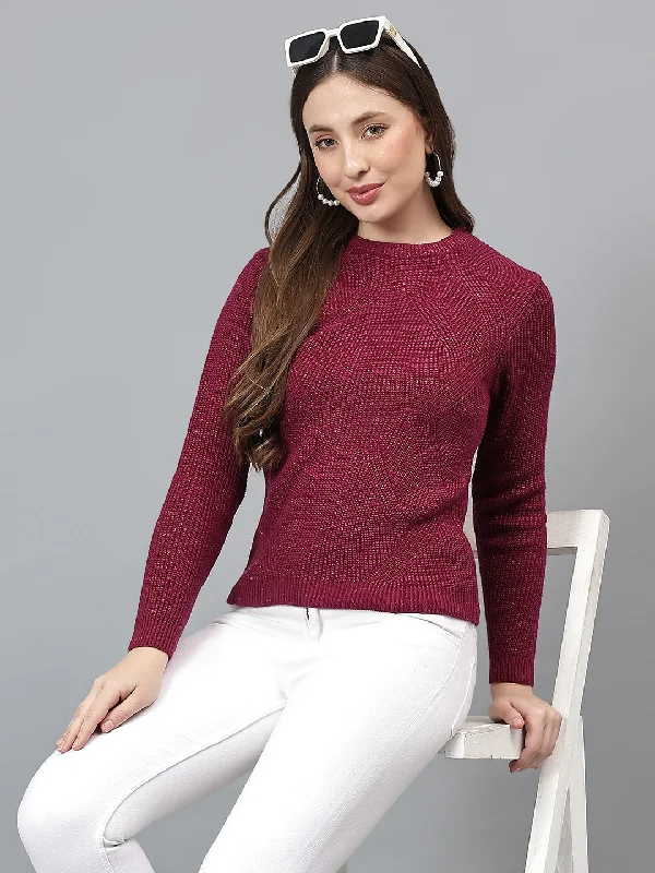 Women's Self Design Mulberry Full Sleeves Casual Sweater