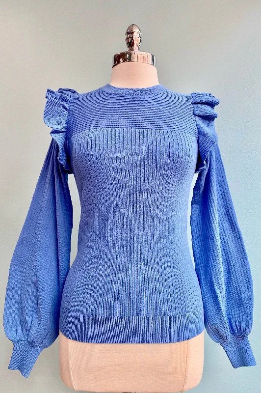 Blueberry Shoulder Ruffle Crewneck Sweater