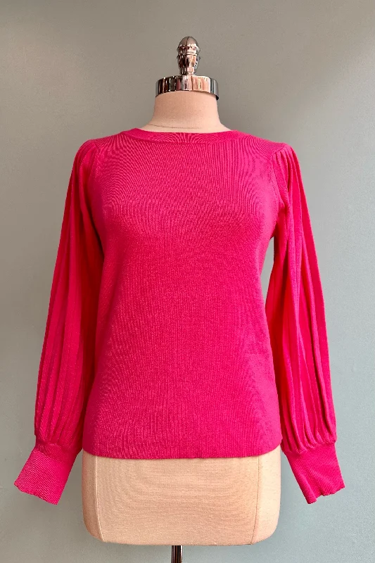 Hot Pink Pleated Puff Sleeve Sweater