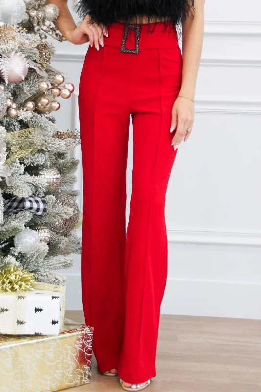 Jovie Belted High Waisted Black Buckle Pants: Red