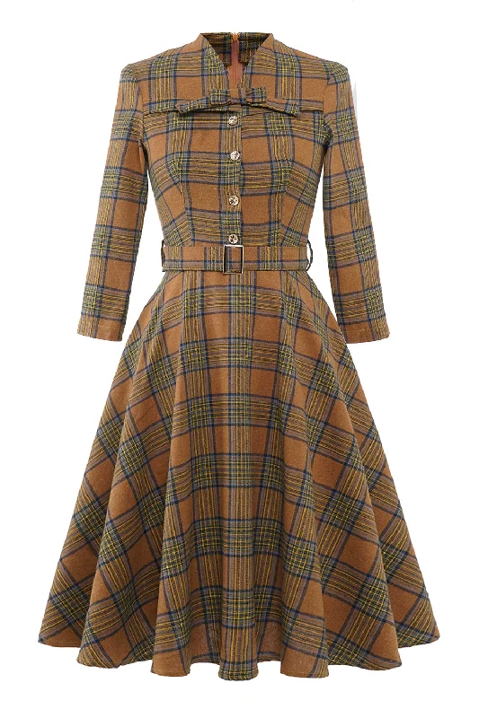 Grey Coffee Plaid Vintage Dress