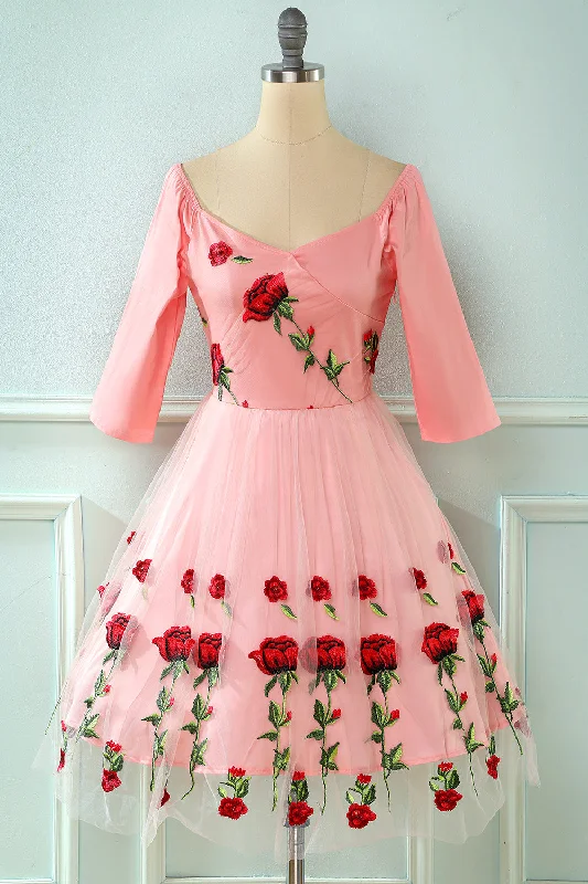 Embroidered Rose Lace Mesh Vintage Dress