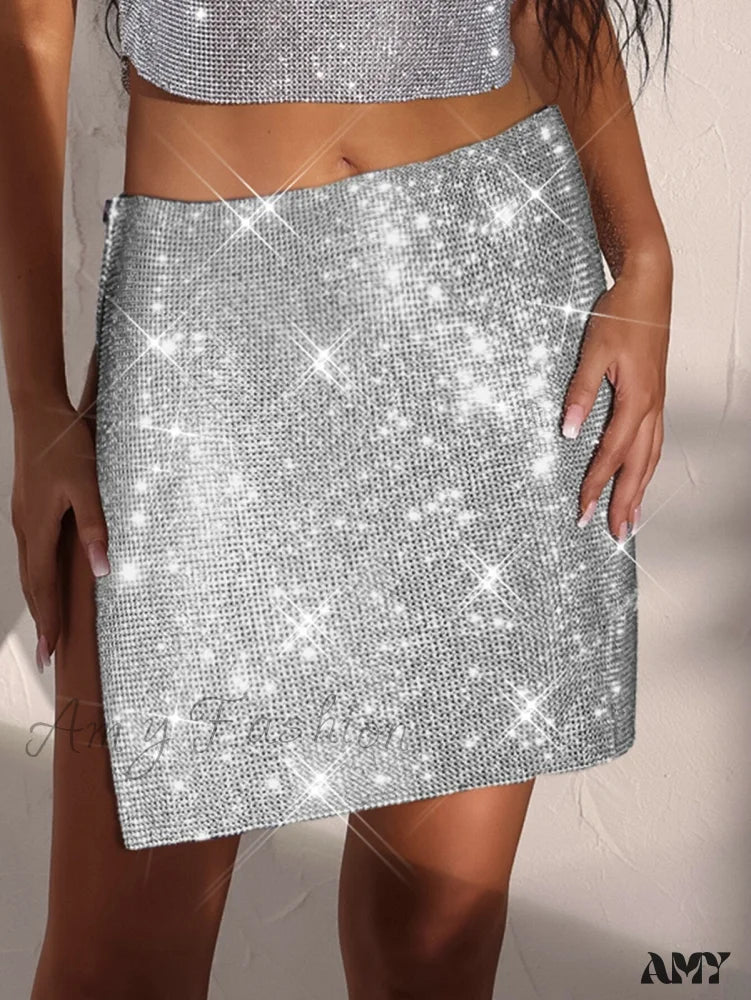 Amy Fashion - See Through Rhinestone Mini Skirt