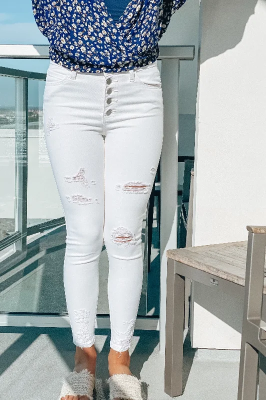 Good Vibes High Rise Distressed Skinnies White