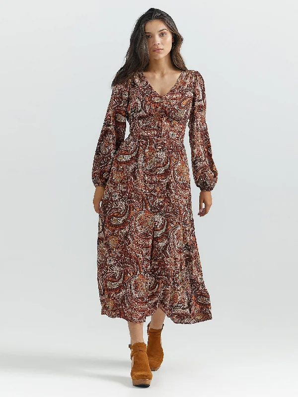 Women's Paisley Button Front Maxi Dress Dress - Burgundy