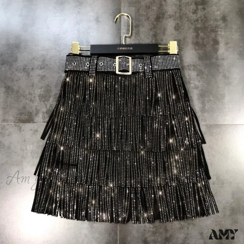 Amy Fashion - Rhinestones Tassel  High Waist Belt Skirt