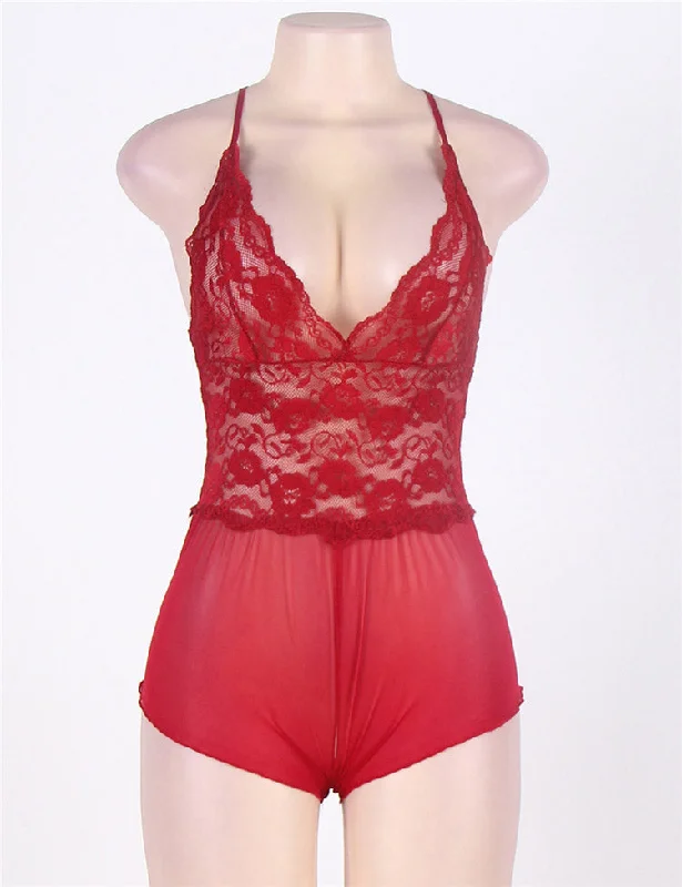 Wine Red Halter Lace Teddy Lingerie