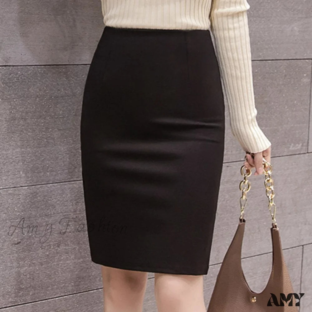 Amy Fashion - Black Oversized High Waist Work Slim Pencil Skirt