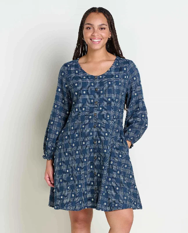 Women's Maple Button Front Long-Sleeve Dress - Navy Small Dobby