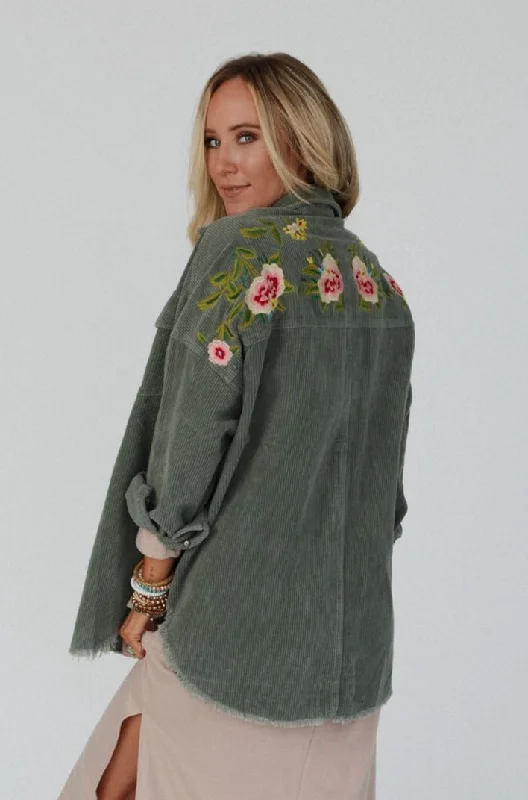 Gardener Embroidered Button Down Top - Olive