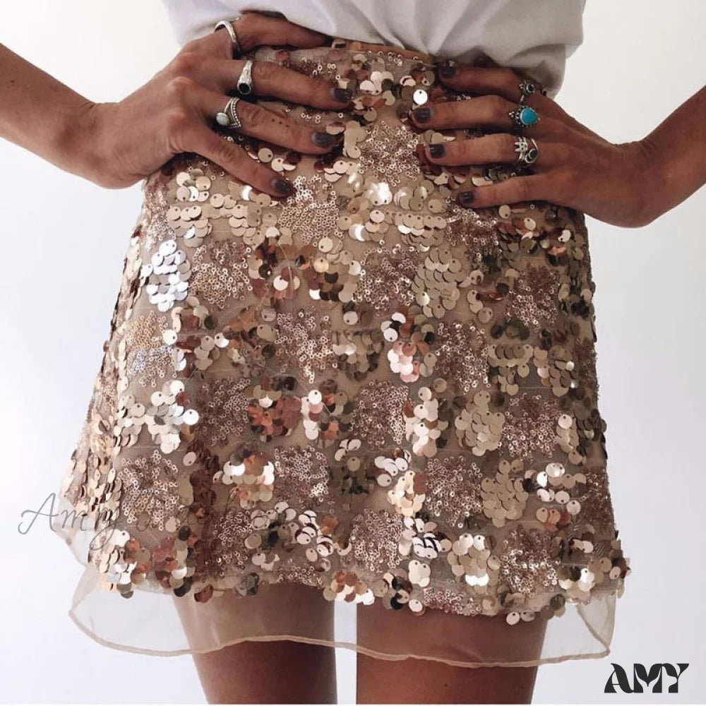 Amy Fashion - Shiny Glitter Sequins High Waist A Line Short Skirt