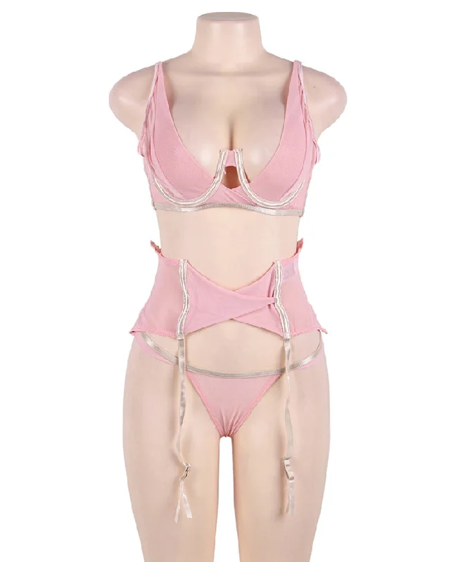 Seductive Pink 3 Piece Delicate Lace Bra Garter Set