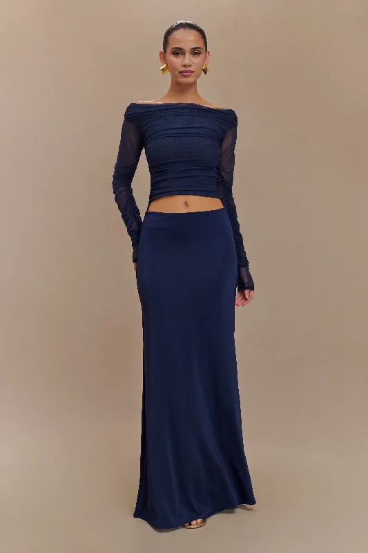 Darla Mesh And Slinky Off Shoulder Maxi Dress - Dark Navy