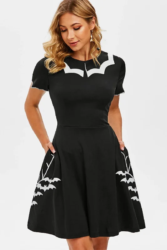 Black Bat Print Halloween Dress