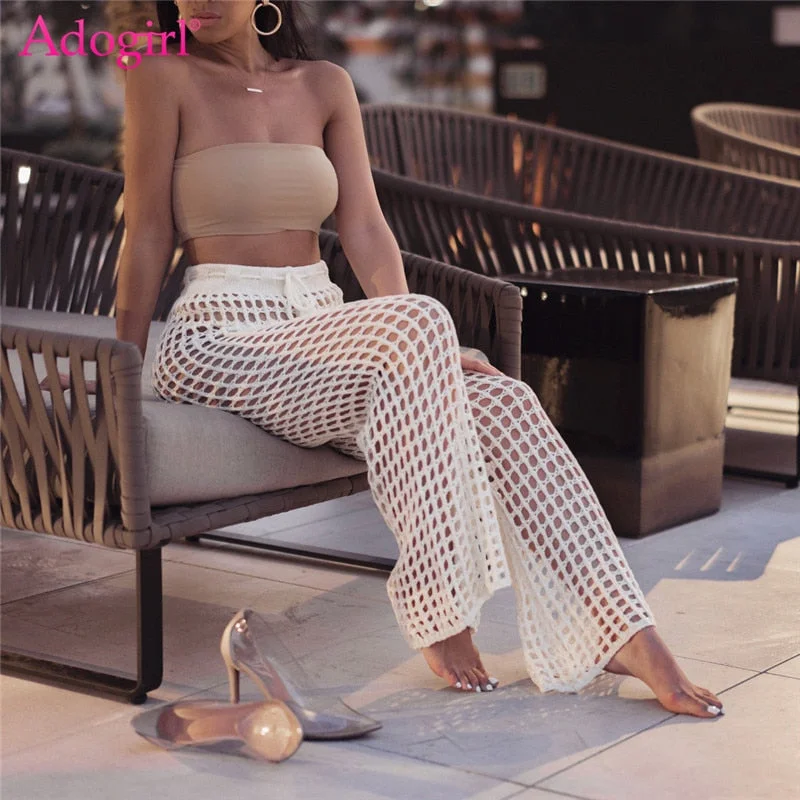 FashionSierra - Women Beach Flare Pants Solid Knitted Hollow Out Fishnet Wide Leg Pants