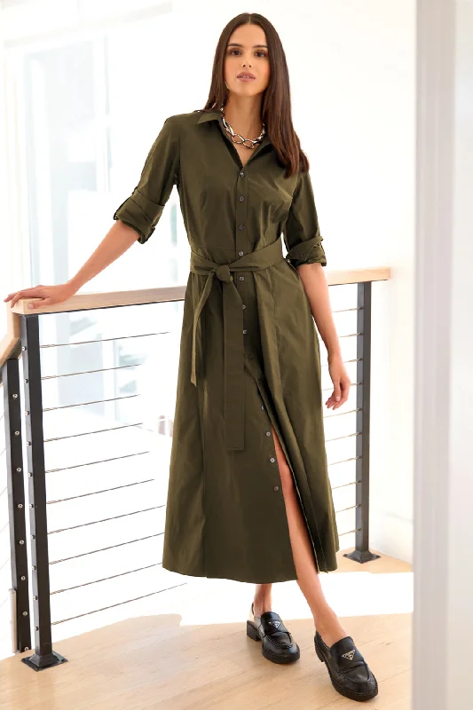 Laine Tie Front Long Dress Olive Green Weathercloth