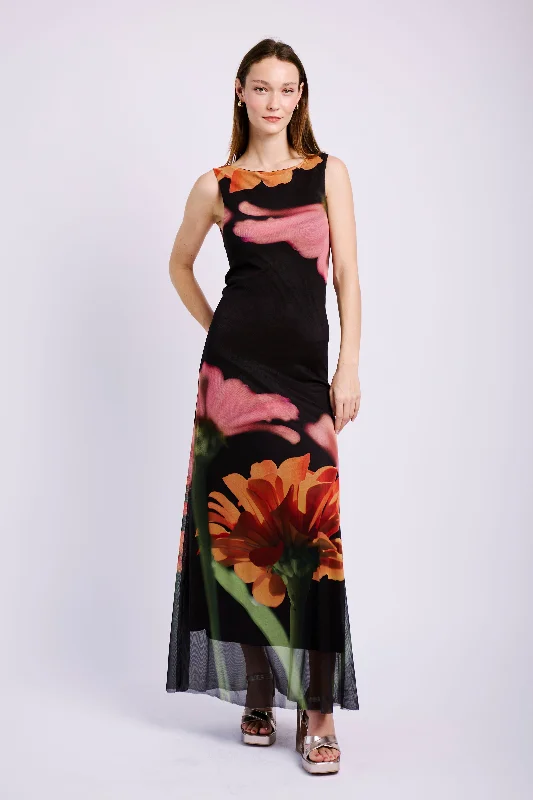 Sleeveless Mesh Dress in Sunset Flower