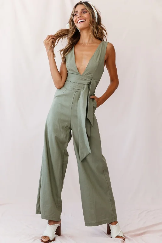 Dylan V-Neckline Wide Leg Jumpsuit Olive