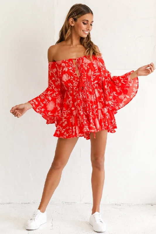 Fiona Drawstring Floral Romper Red