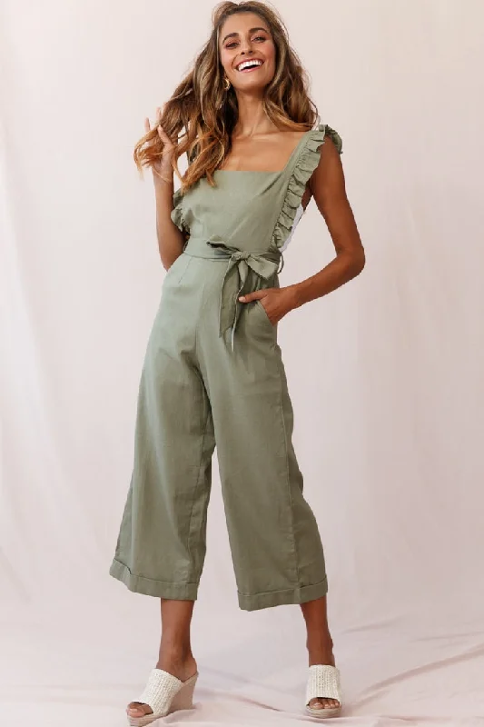 Serenade Ruffle Strap Pinafore Jumpsuit Olive