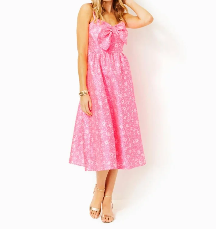 Ellara Jacquard Midi Bow Dress In Roxie Pink Baby Blues Jacquard