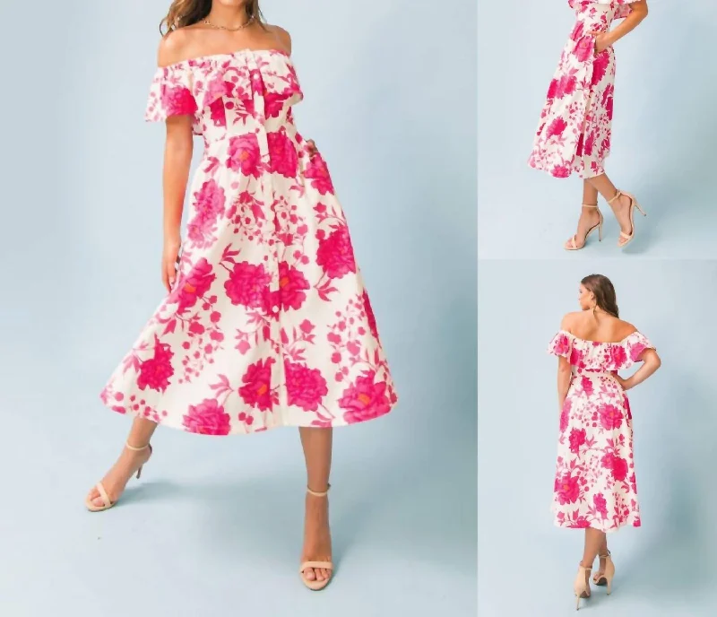 Floral Print Midi Dress In Fuchsia