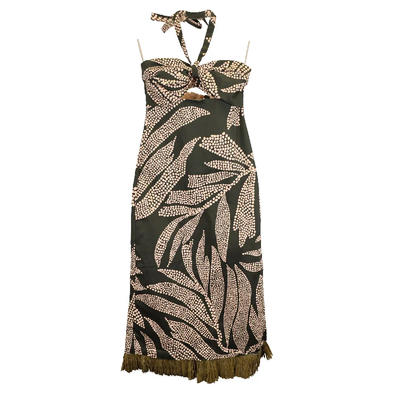 Johanna Ortiz Midi Cocktails In Zanzibar Printed Dress in Green Cotton