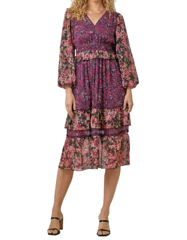 Mix Floral Midi Dress In Burgundy Print