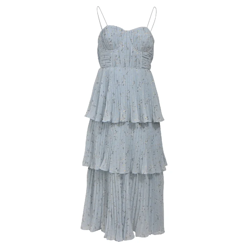 Self-Portrait Floral-Print Pleated Chiffon Midi Dress in Light Blue Polyester