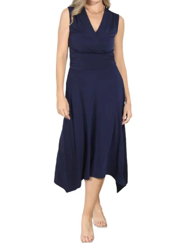 Sleeveless Surplice Asymmetrical Midi Dress In Navy