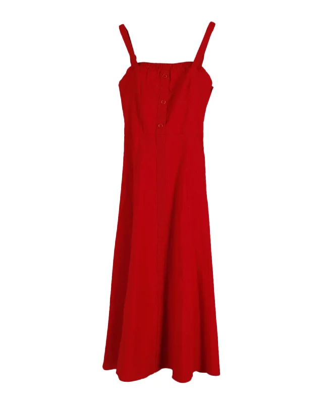 Staud Sleeveless Button Midi Dress in Red Cotton