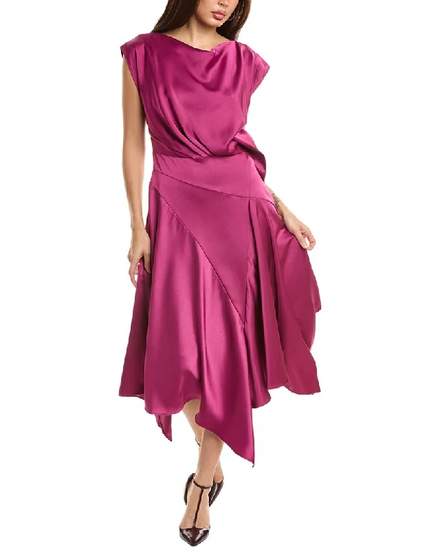 Theia Isla Satin Draped Midi Dress