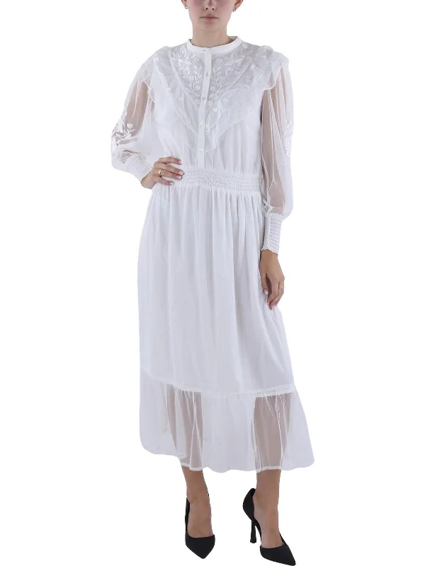 Womens Embroidered Tea Length Midi Dress