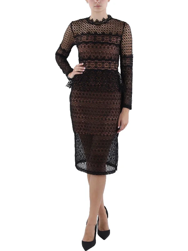 Womens Lace Overlay Knee Length Midi Dress