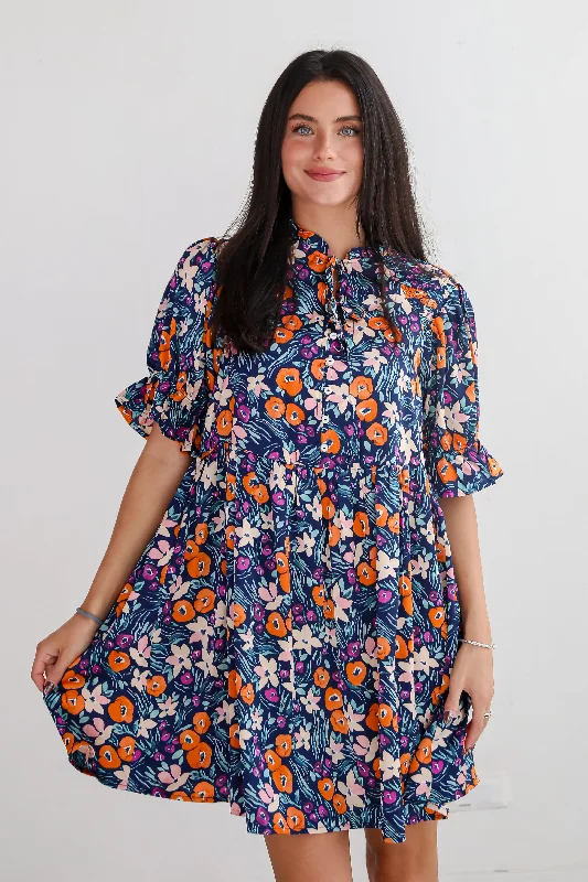 Adored Mood Navy Floral Babydoll Mini Dress