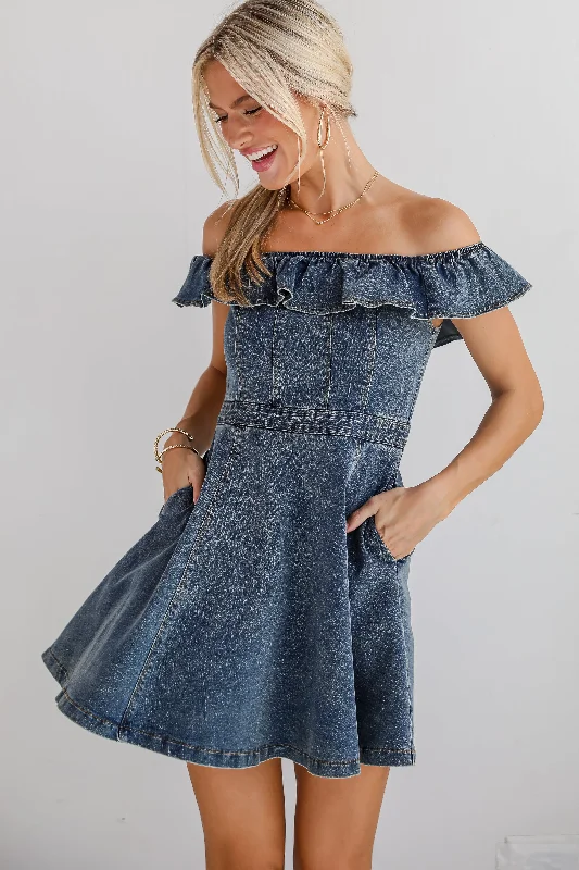 Confidently Coveted Denim Off-The-Shoulder Mini Dress