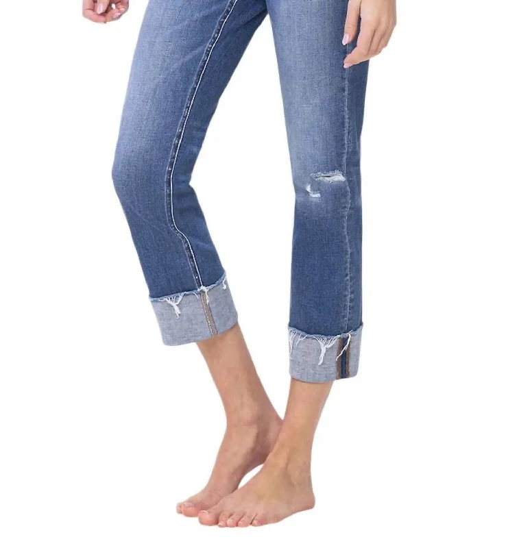 High Rise Cuffed Crop Straight Jeans In Denim