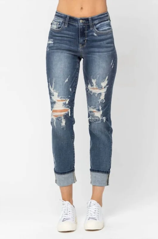 Mid Rise Cuffed Destroy Boyfriend Jeans In Blue