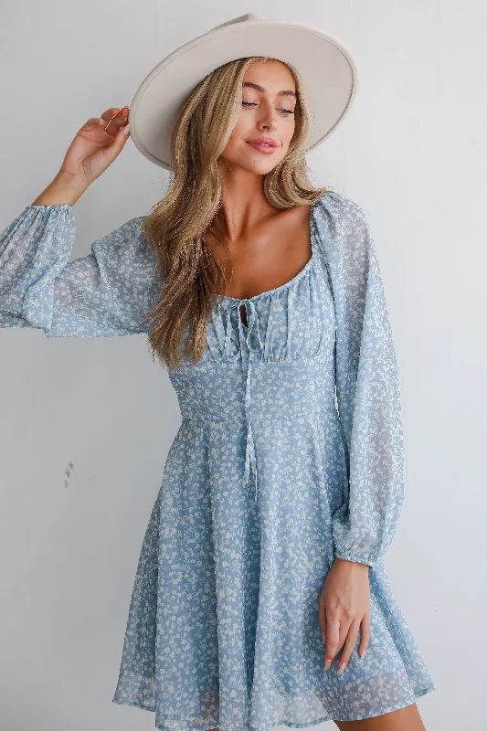 FINAL SALE - Passionate Aura Dusty Blue Floral Mini Dress