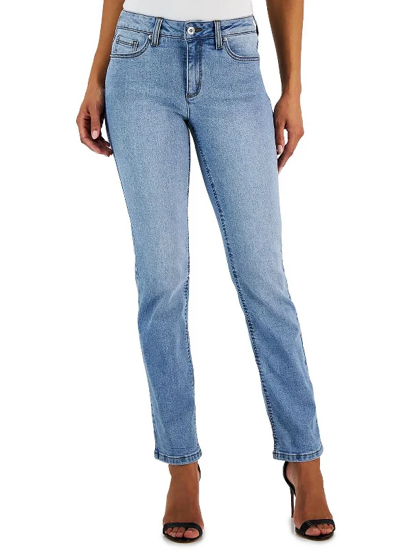 Womens Mid Rise Denim Straight Leg Jeans