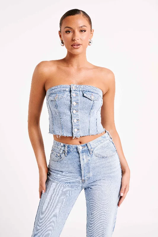 Sandy Buttoned Denim Tube Top - Mid Blue