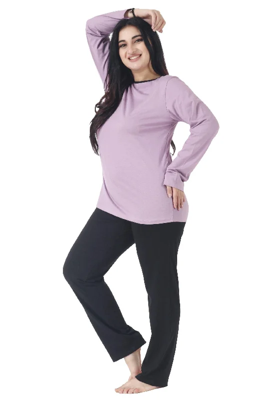 Black Solid Pyjamas with Contrast Top Night Suit Set-Purple & Black