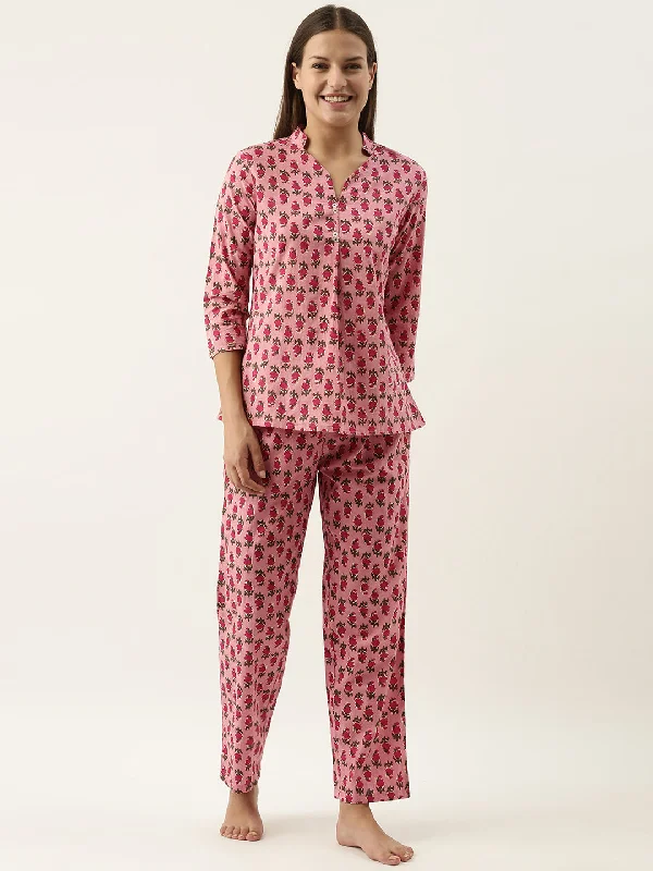 Women Pink Cotton Printed Night Suit Set with Payjama