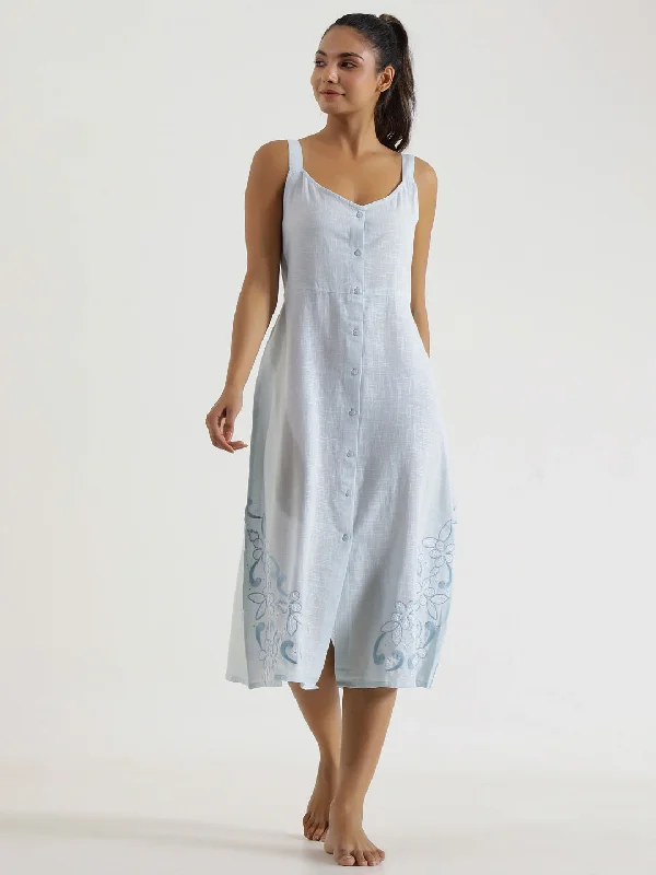 Solid powder Blue Cotton Night  Dress