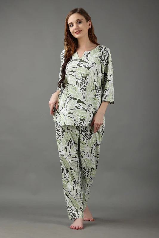 Green & Black Leaves Printed Night Suit Set