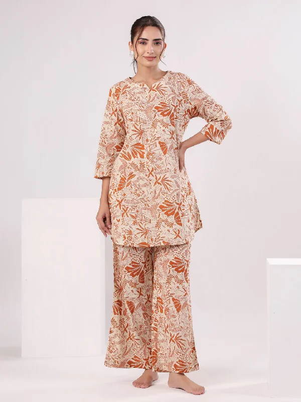 Orange Printed Cotton Night Suit Set