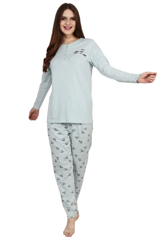 Penguin Printed Night Suit Set-Pastel Blue